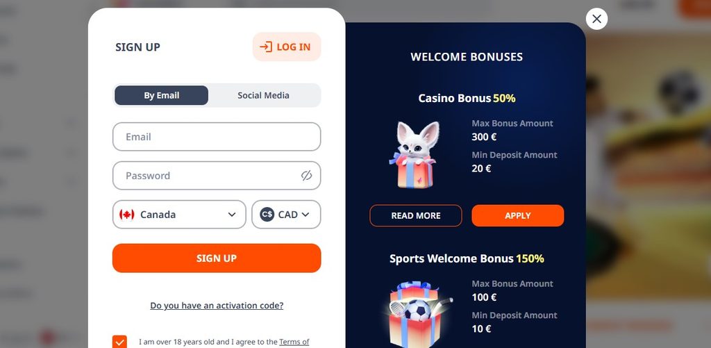 Promo code box on a casino registration page for a no deposit offer
