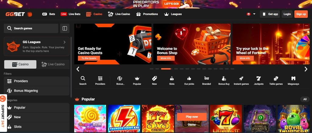 GGbet casino lobby with the Sweet Bonanza spin offer