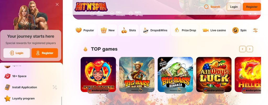 HitNSpin bonus tab listing 55 spins on a fishing-themed slot