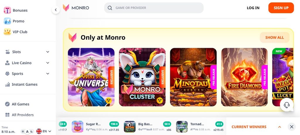 Monro Casino bonus section for Savage Buffalo Spirit Megaways